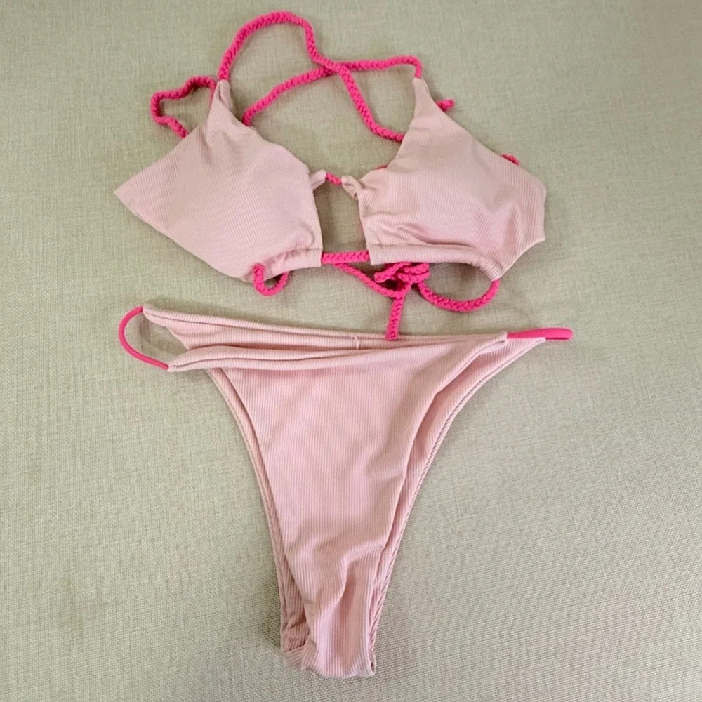 ZAFUL Pink Ribbed Bikini Set Braided Rope Straps High Cut Swimsuit Small